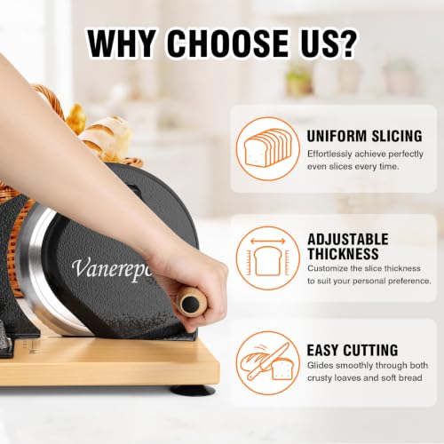 vanerepok Manual Bread Slicer Adjustable Thickness for Homemade Sourdough | Hand Crank Bread Cutter with Scale & Stable Suction Cups & Wood Base for Even Slicing Perfect Baking Gift for Home Bakers - color: Black