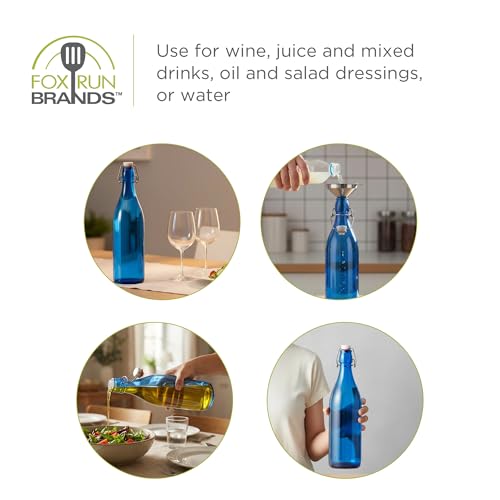 Fox Run Blue Flip Top Glass Bottle, 1 Liter Air Tight Bottle with Flip Top Lid, 12.5" x 3.4"