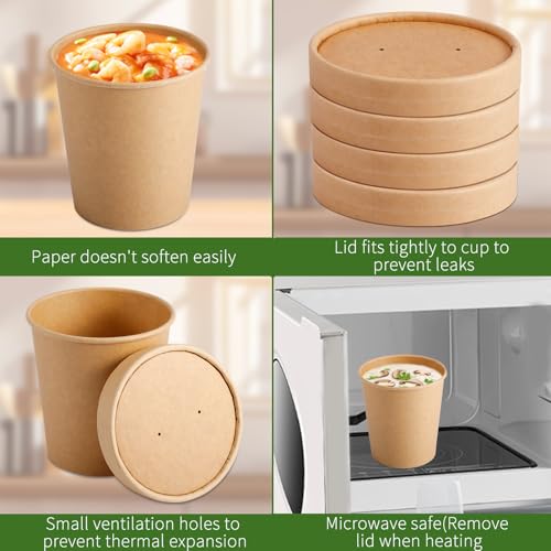 50 Pack Kraft Paper Soup Containers with Lids, 16 Oz Disposable Paper Food Containers, Round, Brown, General Use, Freezer & Microwave Safe