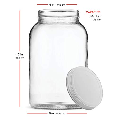 1 Gallon Glass Jar With Lid – Large Glass Jar With Airtight Metal Lids - USDA Approved BPA-Free Dishwasher Safe, Wide Mouth Sun Tea Jar, Gallon Mason Jar for Storage, Fermenting, And Brewing (2 Pack)
