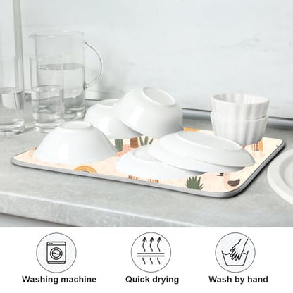 Tropical Sun Palm Tree Dish Drying Mat for Kitchen Counter Super Absorbent Draining Mat with Non-slip Backed Sink Tray Mat for Dish Bottles Cups Bowl Sinks Countertops Draining Racks