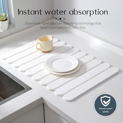 24"×16" White Stone Dish Drying Mats for Kitchen Counter, Large Quick Dry Collapsible Eco-Friendly Super Absorbent Diatomaceous Earth Heat-resistant Mat for Dishes Bottles Cups, Match Any Countertop