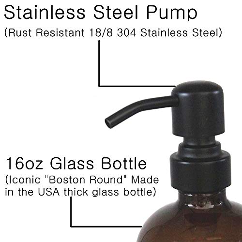 2 Pack Thick Amber Glass Pint Jar Soap Dispenser with Matte Black Stainless Steel Pump, 16ounce Boston Round Bottles Dispenser with Rustproof Pump for Essential Oil, Lotion Soap | Stainless Steel Pumps, Refillable Bottles, For Kitchen & Bathroom - color:
