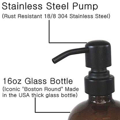 2 Pack Thick Amber Glass Pint Jar Soap Dispenser with Matte Black Stainless Steel Pump, 16ounce Boston Round Bottles Dispenser with Rustproof Pump for Essential Oil, Lotion Soap | Stainless Steel Pumps, Refillable Bottles, For Kitchen & Bathroom - color: