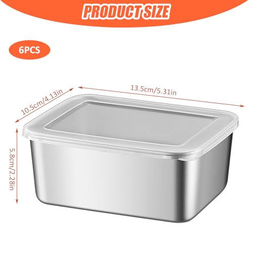6PCS Stainless Steel Food Containers with Lids, 600ml Stackable Reusable Pizza Dough Proofing Boxes for Lunch, Meal Prep, Leftovers, Fruits Storage