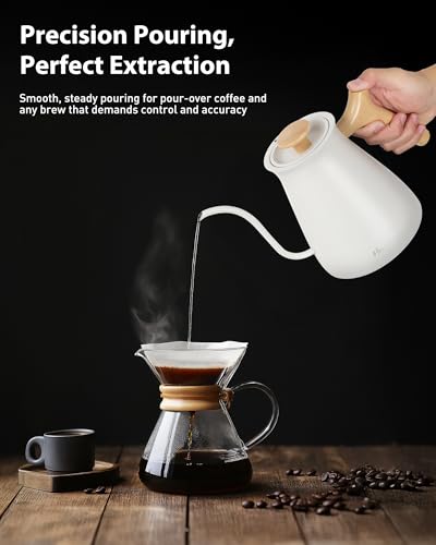 Harriet Gooseneck Electric Kettle 1200W Fast Heat, 0.8L Stainless Steel, Precision Temp Control & Timer, Wood Handle - color: White