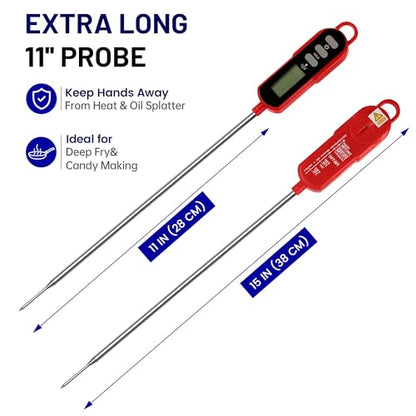 Lonicera Digital Candy Thermometer with Pot Clip, 11" Long Probe, Instant Read 2-3s, IPX6 Waterproof Food Thermometer with Backlight, for Deep Fry, Oil & Meat (Red)