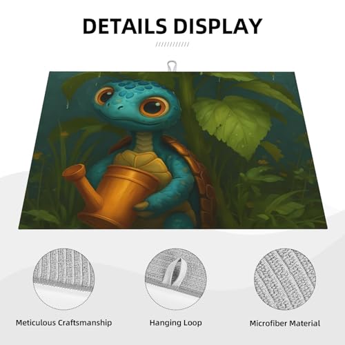 Cute Blue Turtle Holding Watering Can Dish Drying Mat for Kitchen Counter Microfiber Absorbent Reusable Washable 18x24in - color: Cute Blue Turtle Holding Watering Can