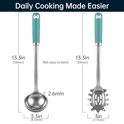 Safring Stainless Steel Soup Ladle and Spaghetti Spoon Set, Heat Resistant Rubber Handle, Dishwasher Safe, Kitchen Utensils for Cooking, Stirring, Serving Pasta, Soup & Sauce (Aqua Sky) - color: Aqua Sky