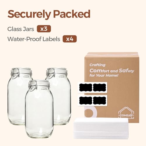 ComSaf 71oz Glass Canisters with Airtight Clamp Lids (Set of 3), 2.1L Large Fermentation & Pantry Jars for Bulk Food Storage, Ideal for Flour, Sugar, Sourdough Starter, and Pickling - 2.2 Quart - size: 71oz*3