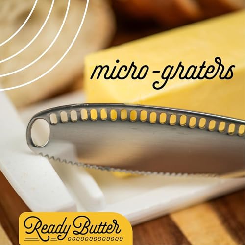 Houseify Ready Butter 3-in-1 18/10 Stainless Steel Butter Knife | 6-inch handle, serrated edge, grate and curl, spreads cold butter, dishwasher safe, rustproof, for home and restaurant - style: Ready Butter