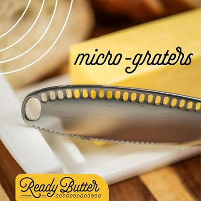 Houseify Ready Butter 3-in-1 18/10 Stainless Steel Butter Knife | 6-inch handle, serrated edge, grate and curl, spreads cold butter, dishwasher safe, rustproof, for home and restaurant - style: Ready Butter