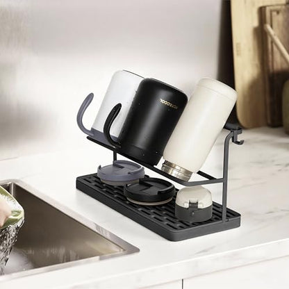 2-Tier Water Bottle Drying Rack for Countertop - Large Carbon Steel Cup Mug Organizer with Removable Drain Tray (Black) - color: Black