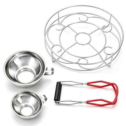 Okllen Set of 4 Canning Supplies Starter Kit, Jar Lifter Tongs, Wide Mouth Funnel, 10.5" Canning Rack, Heavy Duty for Water Bath & Pressure Cannner, Fits Mason Jars, Stock Pots