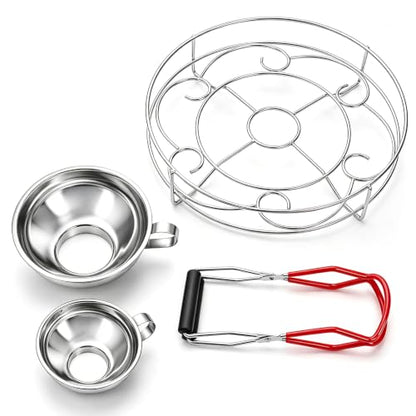 Okllen Set of 4 Canning Supplies Starter Kit, Jar Lifter Tongs, Wide Mouth Funnel, 10.5" Canning Rack, Heavy Duty for Water Bath & Pressure Cannner, Fits Mason Jars, Stock Pots