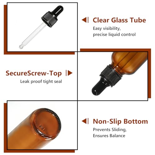 80 Pack 1oz Amber Glass Dropper Bottles, 30ml Leakproof Eye Dropper Bottles with Glass Droppers for Essential Oils, Tinctures, Serum, Hair Oil & Travel Liquids - size: 1oz