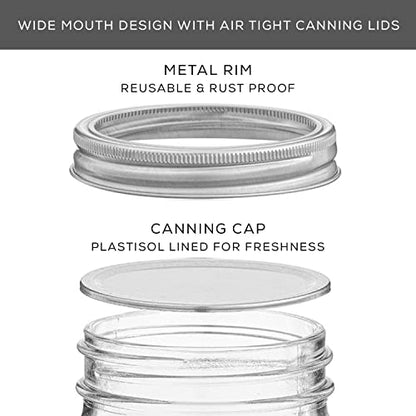 JoyJolt 8 Oz Mason Jars With Lids, Labels and Measures! 6-Pack Wide Mouth Mason Jars, Glass Jar with Lid and Band. Airtight Canning Jars, Overnight Oats Jars, Salad Jars, Sourdough Starter Jar - size: 8 Oz