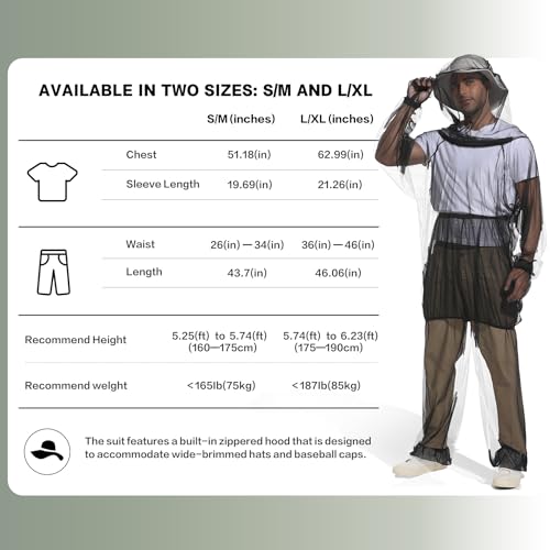 Premium Mosquito Suit-Jacket With Hood/Pants/Mitts/Gift Bag/Tape Measure-Full Body Protection Bugs Clothes - color: Black With Sun Hat, size: Large-X-Large