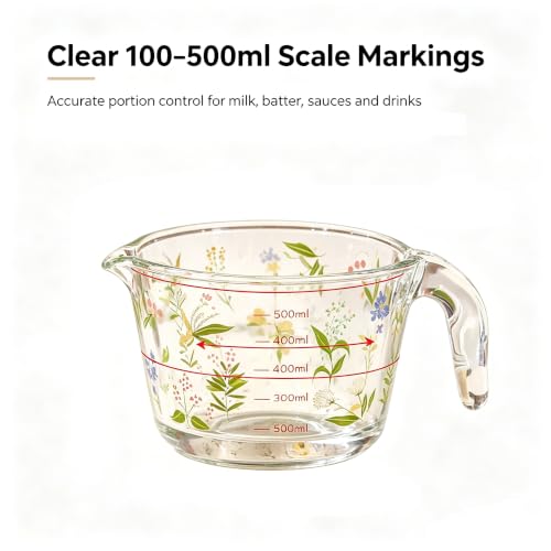 Glass Measuring Cup with Handle & Pour Spout, 500ml Glass Decorative Measuring Beaker Cup with Precise Markings, Floral Print Measuring Cup for Baking, Cooking, Mixing (Microwave & Dishwasher Safe)