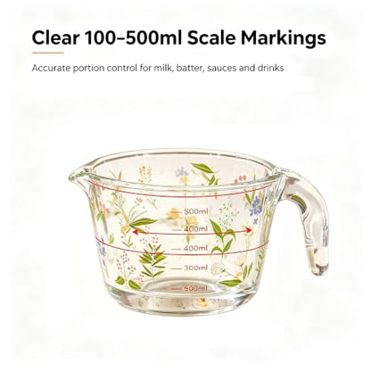 Glass Measuring Cup with Handle & Pour Spout, 500ml Glass Decorative Measuring Beaker Cup with Precise Markings, Floral Print Measuring Cup for Baking, Cooking, Mixing (Microwave & Dishwasher Safe)