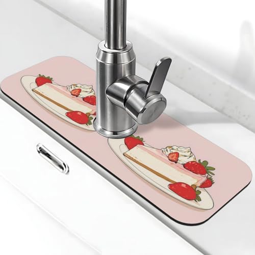 Sink Faucet Mat Strawberry Cheesecake Kitchen Splash Guard Absorbent Bathroom Sink Mat Around Faucet 15" x 5.5" Drying Mats Stone Draining Mat