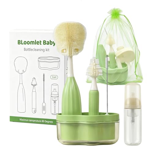Baby Bottle Brush Set, Silicone Bottle Brush Cleaner with Nipple & Straw Brushes, Push-Press Bubble and Drying Rack for Bottle Cleaning,BPA-Free,Bottle Washer Brush for Breast Pump (Green) - color: Green
