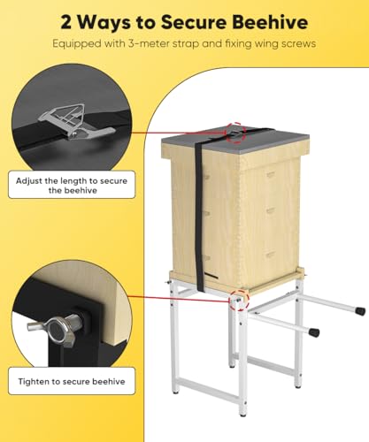 Mondazie Adjustable Metal Bee Hive Stand with Detachable Beehive Frame Holder for 8 & 10 Frame, 12 to 19 Inches Width Flow Hives Stand with 120-Inches Strap, Flowhive Stands Base for Beekeeping, White - color: White - With Frame Holder