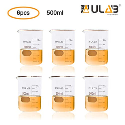 ULAB Scientific Glass Beakers, Vol. 500ml, 3.3 Borosilicate Griffin Low Form with Printed Graduation, Pack of 6, UBG1038 - style: Vol.500ml, Pack of 6
