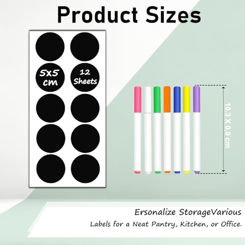 HERDIN Round Chalkboard Label Stickers, 120-Pc Set with 7 Markers | 120 Labels, 7 Markers, Round Shape, 5 x 5 cm, Waterproof Writing Surface, Pantry Jars, Food Containers, Storage Bins