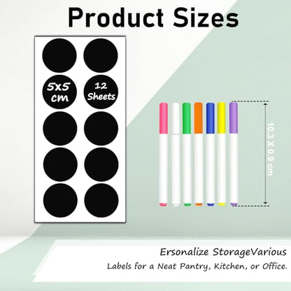HERDIN Round Chalkboard Label Stickers, 120-Pc Set with 7 Markers | 120 Labels, 7 Markers, Round Shape, 5 x 5 cm, Waterproof Writing Surface, Pantry Jars, Food Containers, Storage Bins