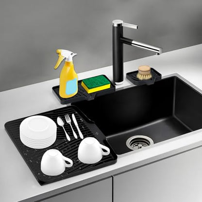 Silicone Dish Drying Mat for Kitchen Countertop, 15.8"x13" Extra Large Non-Slip Drain Pad with Built-in Drainage, Heat Resistant Dishwasher Safe, Black