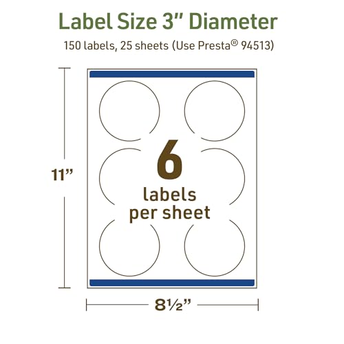 Avery Dissolvable Round Labels, Sure Feed Technology, 3" Diameter, Matte White, Print-to-The-Edge, Laser/Inkjet Printable, 150 Labels Total - style: 150 labels