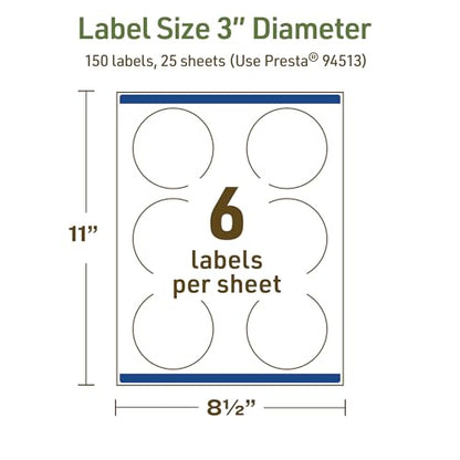 Avery Dissolvable Round Labels, Sure Feed Technology, 3" Diameter, Matte White, Print-to-The-Edge, Laser/Inkjet Printable, 150 Labels Total - style: 150 labels