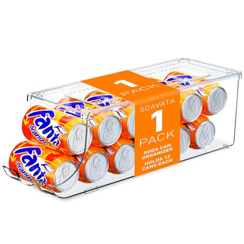 SCAVATA Soda Can Organizer for Refrigerator, Stackable Canned Food Pop Cans Container Can Holder Dispenser with Lid for Fridge Rack Freezer, Clear Storage Bins-Holds 12 Cans Each (One) - color: One