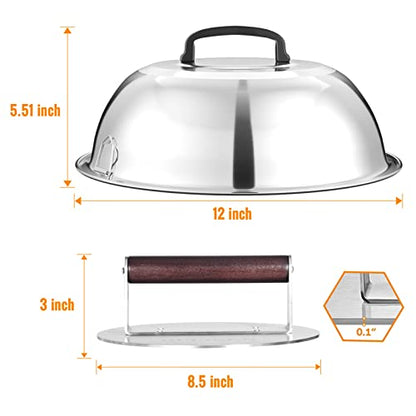 HULISEN Heavy-Duty Burger Press & Melting Dome Set, 8.5 Inch Round Stainless Steel Bacon Press with Wooden Handle, 12 Inch Basting Cover, Griddle Accessories Kit for Flat Top Grill Indoor/Outdoor - size: 8.5 Inch Round Press + Melting Dome