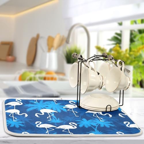 Flamingo Palm Trees Blue Dish Drying Mat for Kitchen Counter Super Absorbent Draining Mat with Non-slip Backed Dishwashing Mat for Dish Bottles Cups Bowl Countertops Sinks Draining Racks