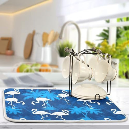 Flamingo Palm Trees Blue Dish Drying Mat for Kitchen Counter Super Absorbent Draining Mat with Non-slip Backed Dishwashing Mat for Dish Bottles Cups Bowl Countertops Sinks Draining Racks