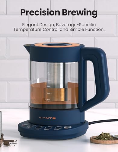 Viante Alba Electric Tea Kettle, Infuser, No Plastic, 1.5L, Midnight Blue | Borosilicate glass & 304 stainless steel construction. 4 temp presets, keep-warm, cordless, auto shut-off - style: Midnight Blue