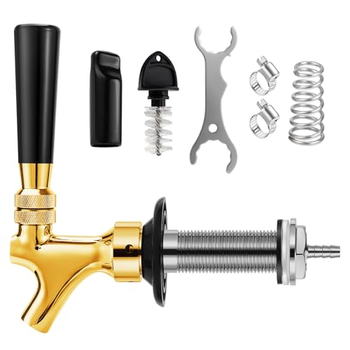 Draft Beer Shank Faucet Kit, 3Ft Beer Faucet Shank Self-Closing Golden Beer Tap Faucet, Kegerator Parts Wrench Barb Connector Tap Brush for Homebrew