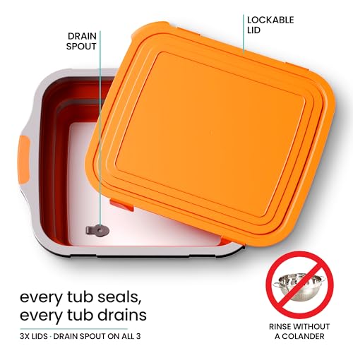 Modern Innovations Collapsible BBQ Prep Tubs, 3 Pack, Orange, Locking Lids | BBQ Marinating Tubs, Cutting Board Lids, Drain Spouts, Small Medium Large, Collapsible, Camping, Tailgating - color: Orange