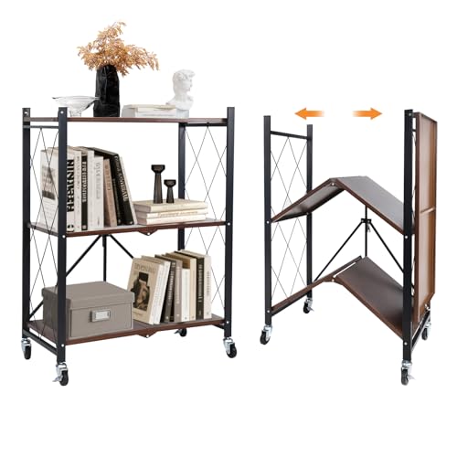 3 Tier Vintage Multifunctional Folding Shelf with Wheels, Portable Heavy Duty Storage Shelving, No-Assembly Folding Bookshelf, Metal Collapsible Rack Unit for Kitchen, Office, Bedroom, Rustic Brown - color: Rustic Brown, size: 3 Tier
