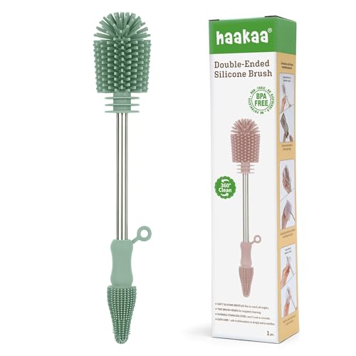 Haakaa Silicone Cleaning Brush for Baby Bottles and Crevices, Double-Ended Bottle Brush for Breast Pumps, Milk Collectors, Nipples and Breastmilk Storage Bags, Food-Grade Silicone, Pea Green, 1 Pack - color: Pea Green, size: 1 Piece Set