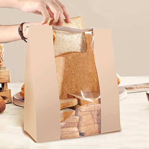 50 Pack Bakery Bags with Window, 13.8 x 9.4 Inch Large Paper Bread Bags for Homemade Bread, Tin Tie Tab Lock Brown Window Bag for Toast, Cookie, Loaf, Candy, Nuts