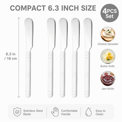 4PCS Stainless Steel Butter Knives Set: 6.3 Inch Cheese Spreader 304 Stainless Steel with Ergonomic Handle for Cheese, Butter & Jam (White) - color: White
