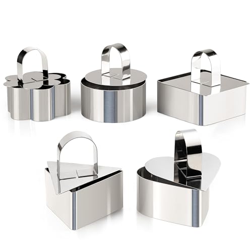 HULISEN Set of 5 Cake Ring Mold, Stainless Steel 3” Dessert Food Molds with Pushers, Food Cooking Rings for Tuna Tartare, Pancake, Rice - size: 5 Shapes/ Set-3 Inch with Pushers