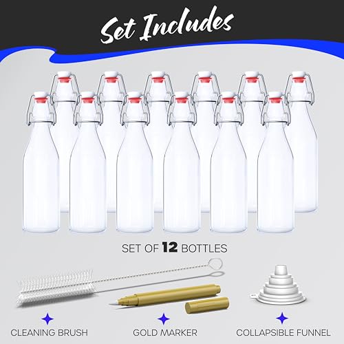 Nevlers 17 Oz Clear Round Swing Top Glass Bottles with Lids 12 Pack | Flip Top Glass Bottle with Stopper Kit for Kombucha or Vanilla Extract Bottles | Wine Bottle Set with Funnel, Brush & Marker - style: Round