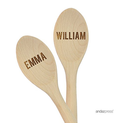 Andaz Press Personalized Laser Engraved Wooden Mixing Spoon, 12-inch, Bold Names, 2-Pack, Custom Bride and Groom Names - color: Custom Wedding Bold Names