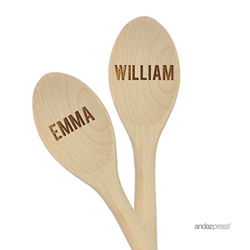 Andaz Press Personalized Laser Engraved Wooden Mixing Spoon, 12-inch, Bold Names, 2-Pack, Custom Bride and Groom Names - color: Custom Wedding Bold Names