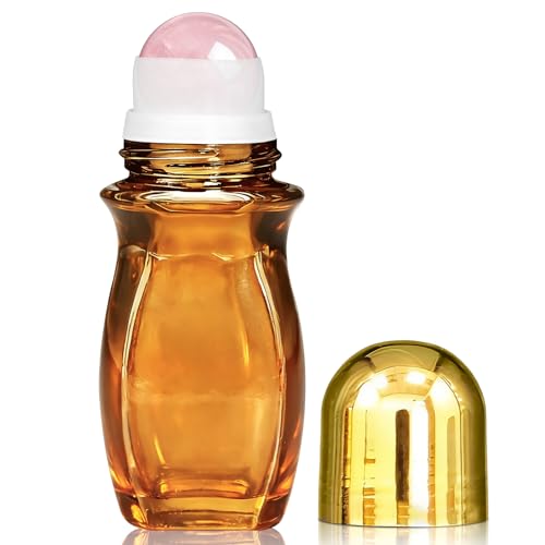 Rose Quartz Roller Bottles for Essential Oils, 50ml Refillable Waist Amber Glass Roll On Bottles with Natural Crystal Roller Balls, Leak-Proof Travel Perfume Bottle with Gold Caps - size: 1 Pack