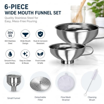 Stainless Steel Funnel Set, Wide Mouth Canning Funnel, Metal Kitchen Funnels for Jar Bottle Filling Canning Supplies